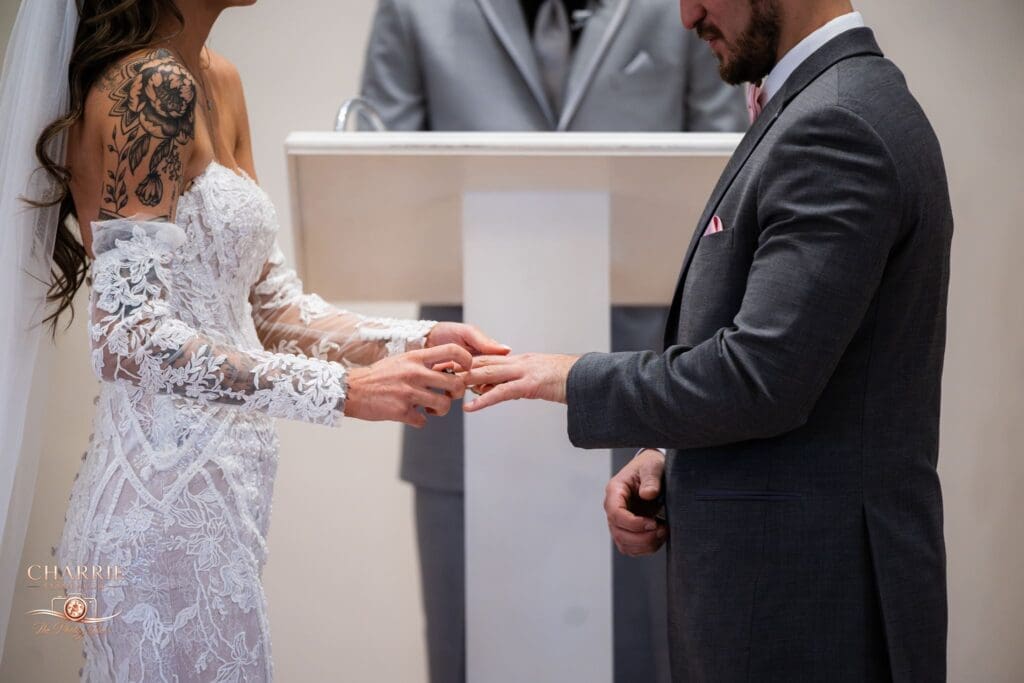A bride and groom at The Ritz Charles in the chapel.